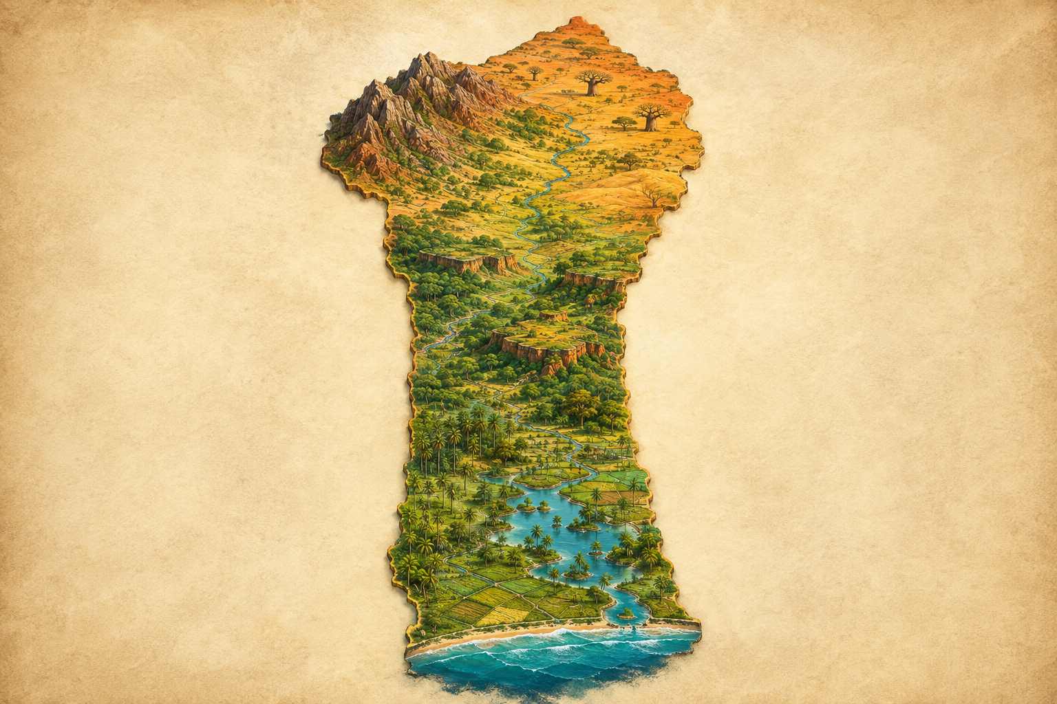 Illustration de la géographie du Bénin, des reliefs du Nord jusqu’au littoral atlantique