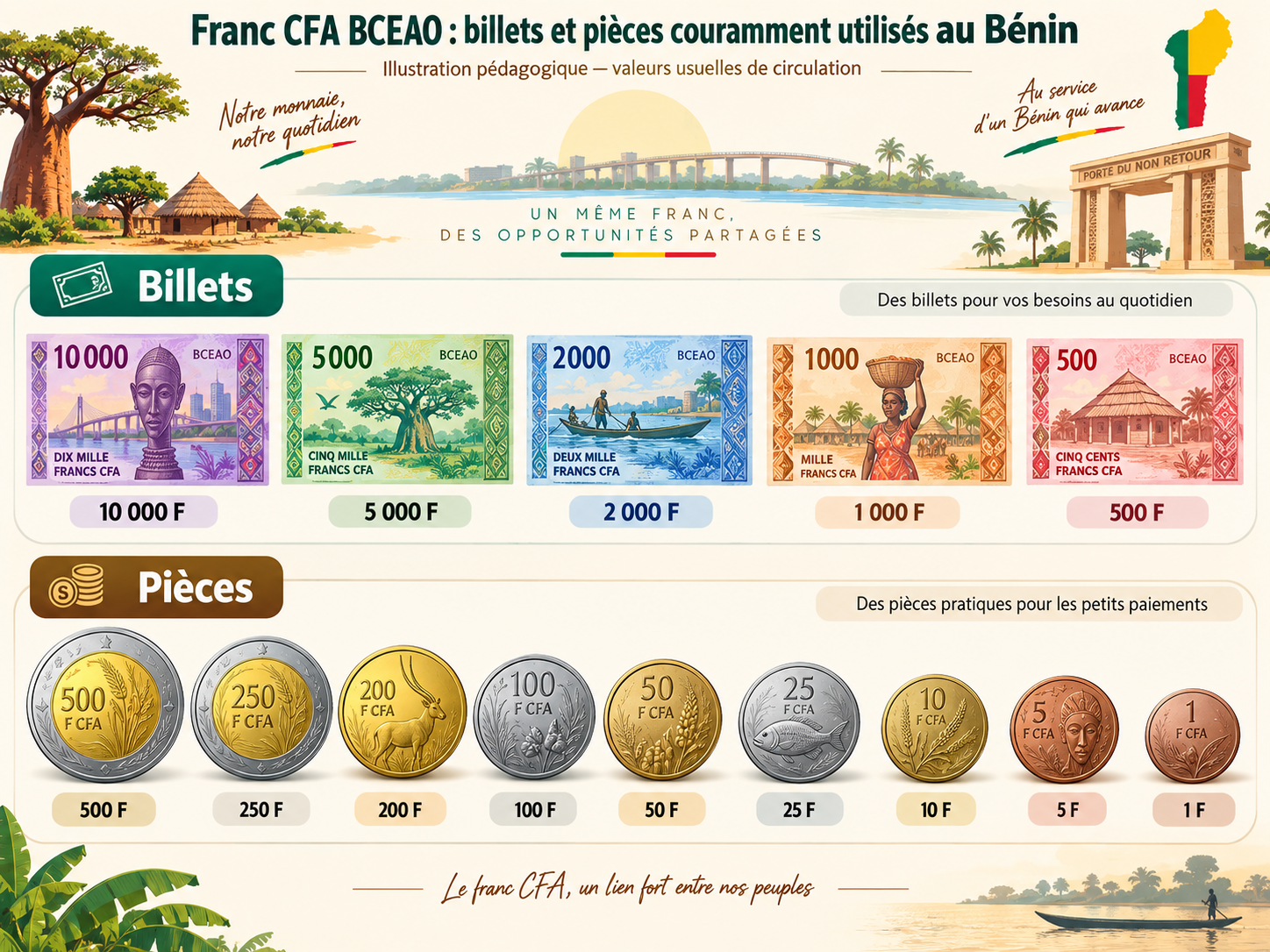 Billets et pièces du franc CFA utilisés au Bénin