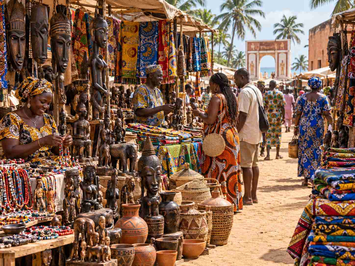 Marché d’artisanat à Ouidah avec sculptures et tissus